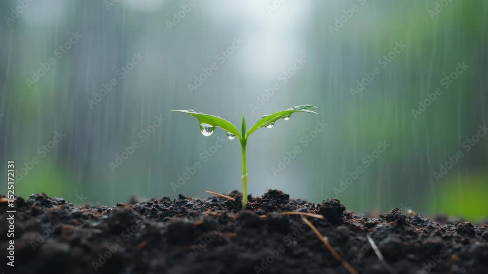 The beginning of life - a sprout emerges from the earth under the rain, symbolizing growth and resilience in nature.