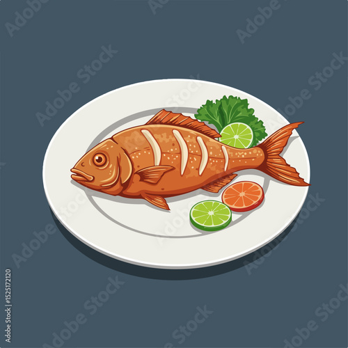 Grilled red snapper on white plate with lime wedges and lettuce. Delicious grilled fish dish perfect for restaurant menu or cookbook illustration.