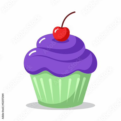 Delicious cupcake with purple frosting and cherry on top. Sweet cupcake perfect for birthday celebrations or special occasions. This delightful cupcake image is ideal for bakery menus, dessert blogs,