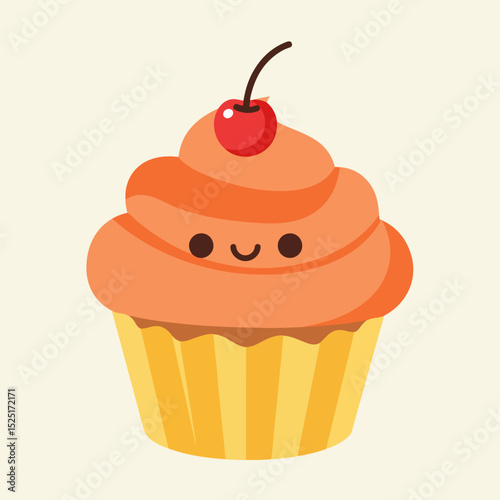 Cute orange cupcake with cherry topping. Delicious cupcake decorated with swirl frosting and single cherry.  Sweet cupcake perfect for bakery menu, children's book illustration,