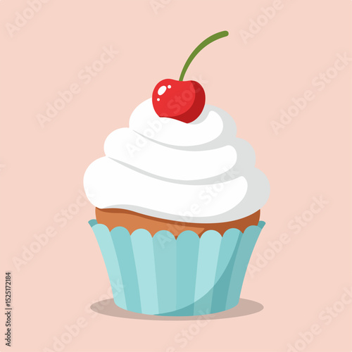 Delicious cupcake with whipped cream and cherry. Sweet cupcake perfect for birthday parties or celebrations. This yummy cupcake image is ideal for bakery menus, dessert shops,