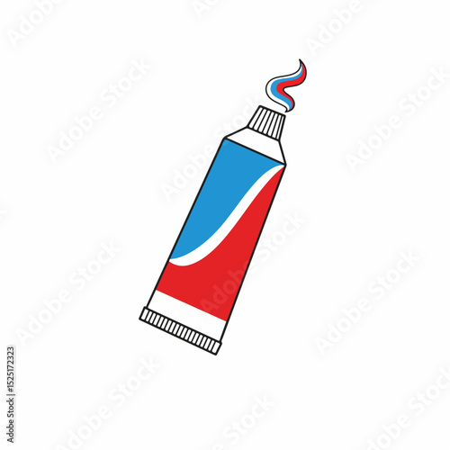 Red and blue toothpaste tube with swirl.  Toothpaste tube illustration shows a classic design, perfect for dental care product packaging or kitchen utensil advertising.