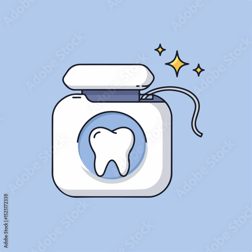 Dental floss container with shiny white tooth illustration.  Floss dispenser with pulled-out dental floss thread.  Clean teeth concept for dental hygiene promotion.