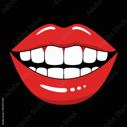Bright red lips with white teeth smile. Glossy lips and perfect teeth shine brightly.  Smiling mouth graphic design perfect for dentist office marketing materials or car accessory ads.