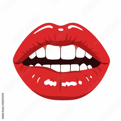 Red lips with white teeth smiling broadly. Close up image of woman's mouth showing healthy gums and bright smile. This graphic is perfect for dental advertising and car accessories promotions.