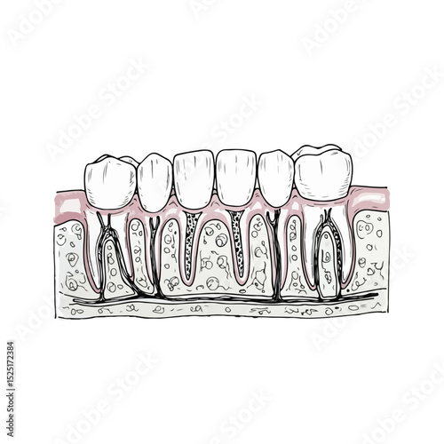 Detailed dental anatomy illustration showing teeth roots and gum tissue.  Image depicts human teeth cross section, showcasing periodontal ligaments and alveolar bone.