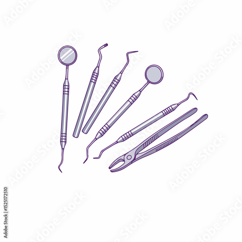Dental instruments set for oral hygiene. Professional dental tools including mirror, explorer, and forceps.  High-quality dental equipment for perfect smile.