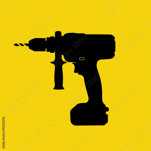 Black cordless drill silhouette on yellow background. Powerful tool for home repair and construction projects. This drill image is perfect for DIY blogs and workshops, advertising for hardware stores,
