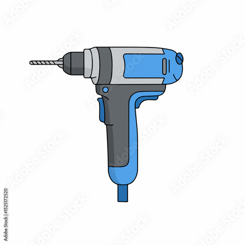 Blue cordless drill with a metal drill bit. This powerful tool is perfect for DIY projects and home repairs.  This image is ideal for tool catalogs, repair manuals,