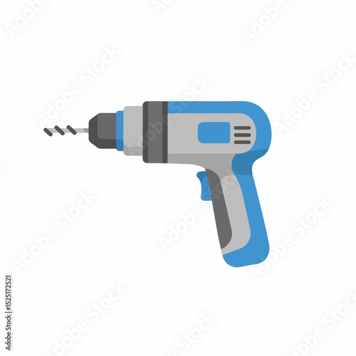 Blue cordless drill with silver details. Modern power tool with rotating drill bit.