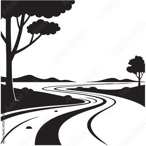 Winding River Road A Black and White Landscape Illustration