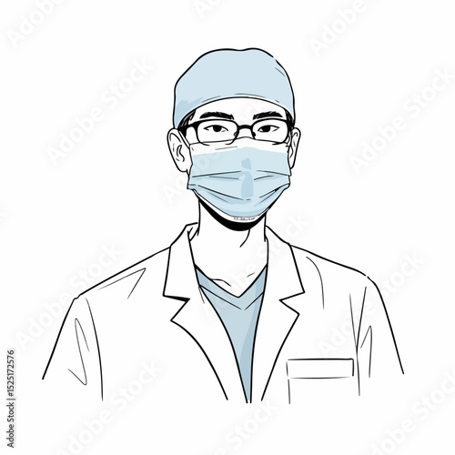Doctor portrait wearing glasses and medical mask. Professional doctor in lab coat and surgical cap.  Image of doctor ideal for dental clinic brochures or car accessory ads.