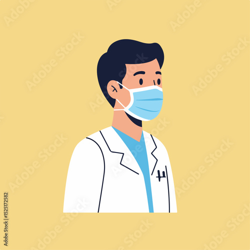 Doctor wearing medical mask. Profile portrait of male physician in white coat and light blue shirt.  This image is perfect for medical websites, brochures, or health publications.