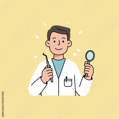 Friendly dentist holding dental tools and magnifying glass.  Smiling dentist in white coat ready for examination.  Professional dental care image perfect for clinic brochures, website banners,