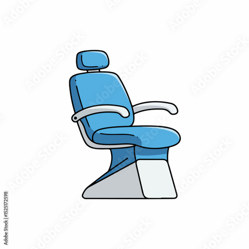 Modern dental chair with blue upholstery and adjustable headrest. Comfortable patient chair with armrests for dental procedures. Ergonomic design ensures patient comfort during dental examination.