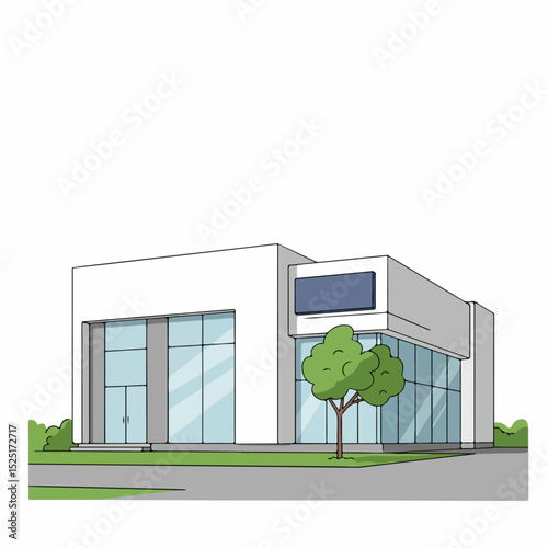 Modern white building with large glass windows and small tree. Building exterior features contemporary design and signage area.