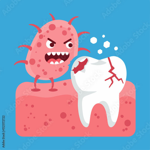 Angry germ attacking cracked tooth on gum.  Germ destroys tooth enamel causing dental problems. Illustration of dental hygiene for children's education.