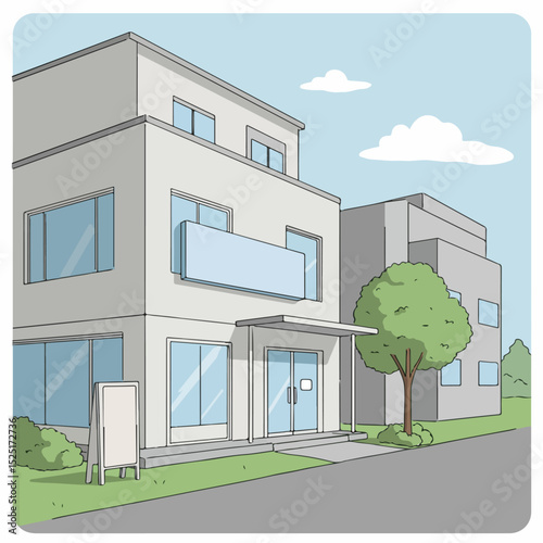 Modern building exterior with blank signage.  Building facade features large windows and a simple design.
