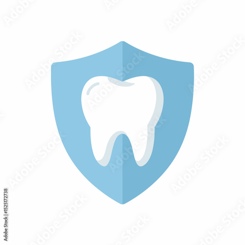 Tooth protection symbol, a white tooth inside blue shield, dental care icon.  Dental health concept image shows strong tooth protected by shield.  This image is perfect for dental clinic logo,