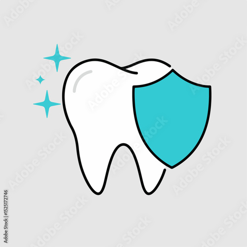 Clean healthy tooth protected by shield. Sparkling clean tooth with protective shield symbolizes dental hygiene and care.  Illustration of strong healthy teeth for dental clinic brochures, websites,
