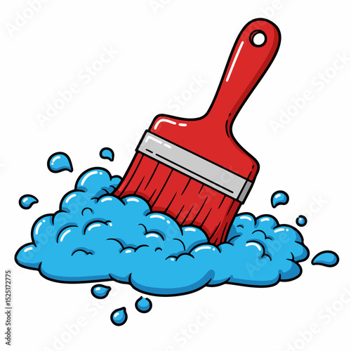 Red paintbrush in blue paint puddle.  Paintbrush with red handle and bristles submerged in vibrant blue paint.  Paintbrush and paint splatter ideal for posters,