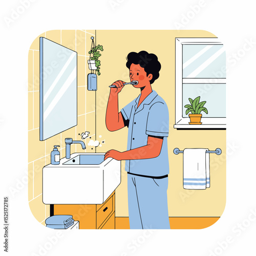 Man brushing teeth in modern bathroom. Person in pajamas standing at sink with toothbrush and toothpaste. Daily morning routine illustration perfect for dental clinic brochures or hygiene campaigns.
