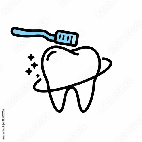 Sparkling clean tooth with toothbrush, cleaning concept. Dental hygiene illustration shows healthy tooth and toothbrush, symbolizing oral care routine. Bright image perfect for dental clinics,