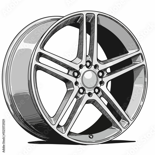 Chrome alloy wheel rim design with five spokes and central cap. Detailed illustration of stylish car wheel, showcasing reflective surface and metallic sheen.