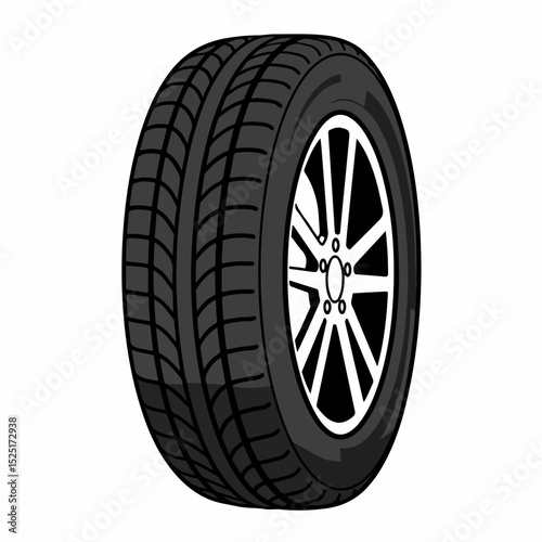 Car tire with rim. Detailed image shows black tire and silver alloy wheel.  High-quality tire and rim illustration perfect for automotive websites brochures or repair shop marketing materials.