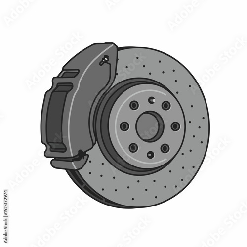Disc brake caliper and rotor assembly. Detailed view of automotive braking system component. High-quality image of car brake parts for repair manuals or educational materials.