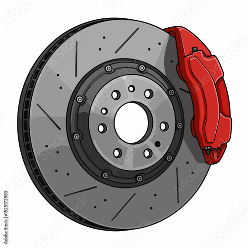 High-performance brake disc and caliper assembly.  Detailed illustration shows a ventilated brake rotor and a bright red brake caliper.
