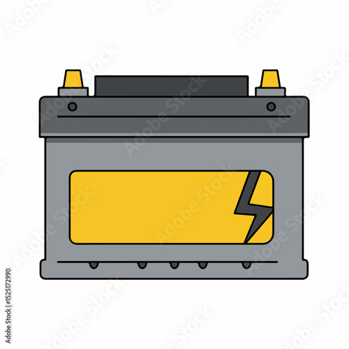 Car battery illustration with yellow lightning bolt symbol.  This detailed image shows car battery components and a cracked case.  This graphic is perfect for car repair manuals, websites,