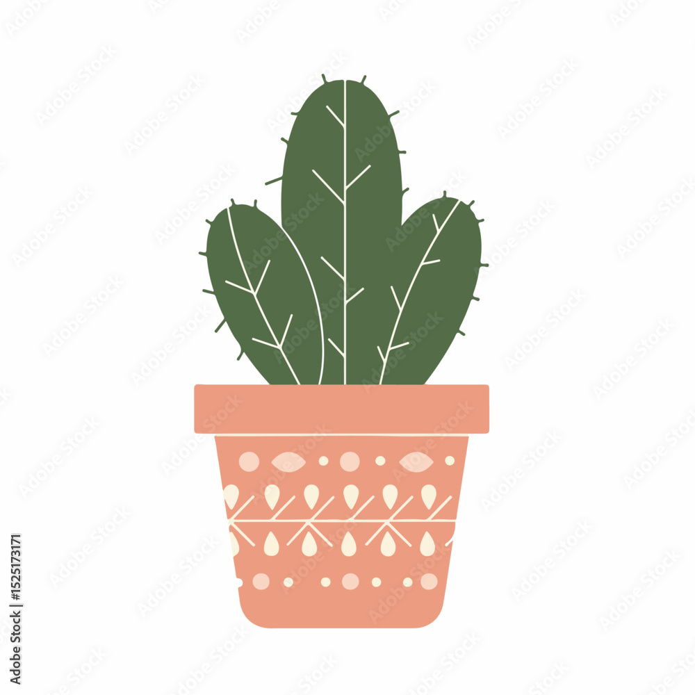 Obraz premium Cute cactus in terracotta pot with ethnic pattern. Potted cactus plant with three succulent pads, detailed spines, and decorative pot. Illustration of houseplant for gardening blogs and websites.