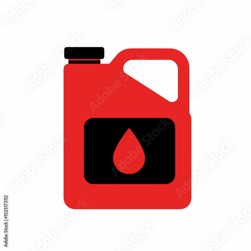 Red plastic canister with black label and drop.  Canister is perfect for storing liquids, suitable for various uses like oil or fertilizers. This simple image is ideal for gardening supplies catalogs,