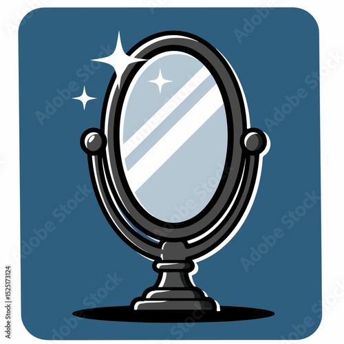Oval mirror on stand with shiny surface, perfect for vanity table or dressing room. This elegant mirror is ideal for self-reflection and makeup application,