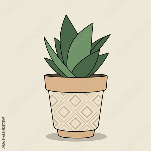 Stylish aloe vera plant in decorative pot. Indoor aloe vera succulent in terracotta pot with geometric pattern.  Simple aloe vera illustration perfect for gardening blogs and websites.