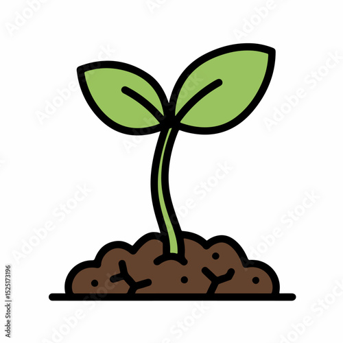 Young sprout growing from soil, showing new leaves and stem. Seedling represents growth, nature, and new beginnings.  This image is perfect for gardening websites, educational materials,
