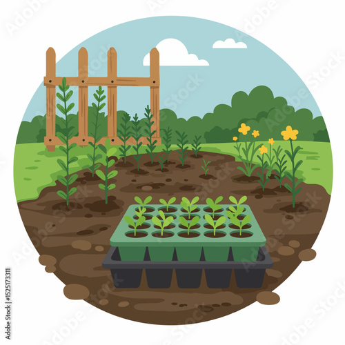 Spring gardening with young seedlings in a tray and freshly planted sprouts in garden beds.  New plants growing in fertile soil near wooden fence.