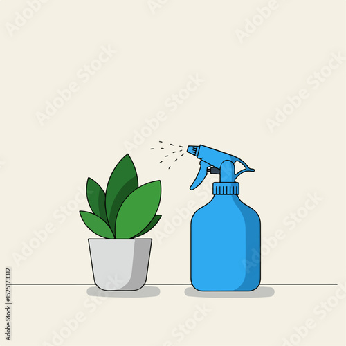 Simple houseplant watering illustration.  Plant care concept shows small potted plant and blue spray bottle.  Watering can and houseplant in minimal style perfect for gardening blogs or websites.