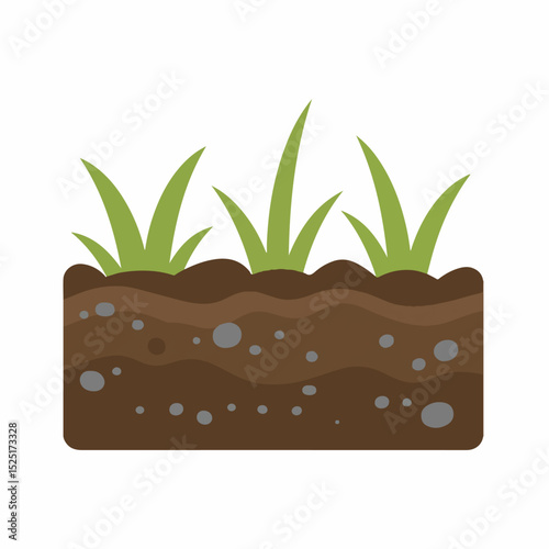 Grass growing from soil with stones.  Soil layers show roots and ground texture.  Simple illustration of nature for gardening website design.