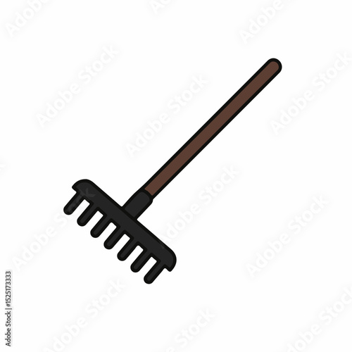 Gardening tool rake with wooden handle isolated on white background. Simple gardening tool illustration perfect for spring gardening projects.