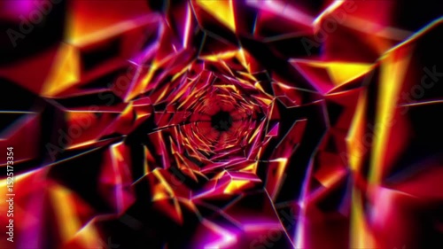 Travel through a hypnotic tunnel of shifting red and orange geometric polygon shapes. Warm, energetic motion creating a captivating abstract journey