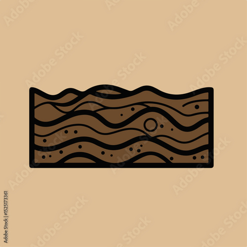 Rich brown soil layers with wavy texture.  Soil cross section shows fertile ground ideal for agriculture. Detailed soil illustration perfect for gardening educational materials.