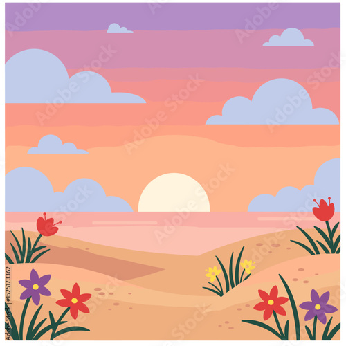 Serene Sunset Beach Scene with Blooming Flowers