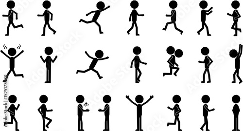 Stickman icons. Stick figures black silhouettes showing various poses and gestures, running, meditating and jumping. Ideal for infographics, design and app interfaces. Minimalist vector illustration