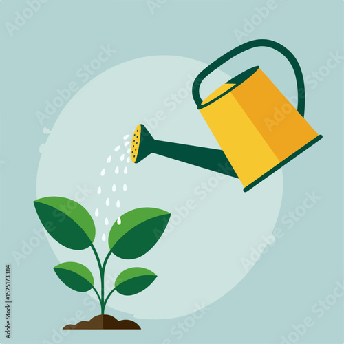 Watering can pouring water on young plant sprout. Gardening illustration shows yellow watering can and green sprout growing from soil.