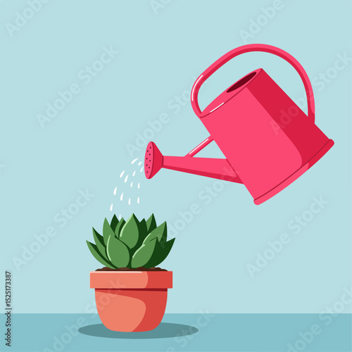 Pink watering can pouring water onto succulent plant in terracotta pot.  Gardening illustration shows pink metal watering can and small green succulent.