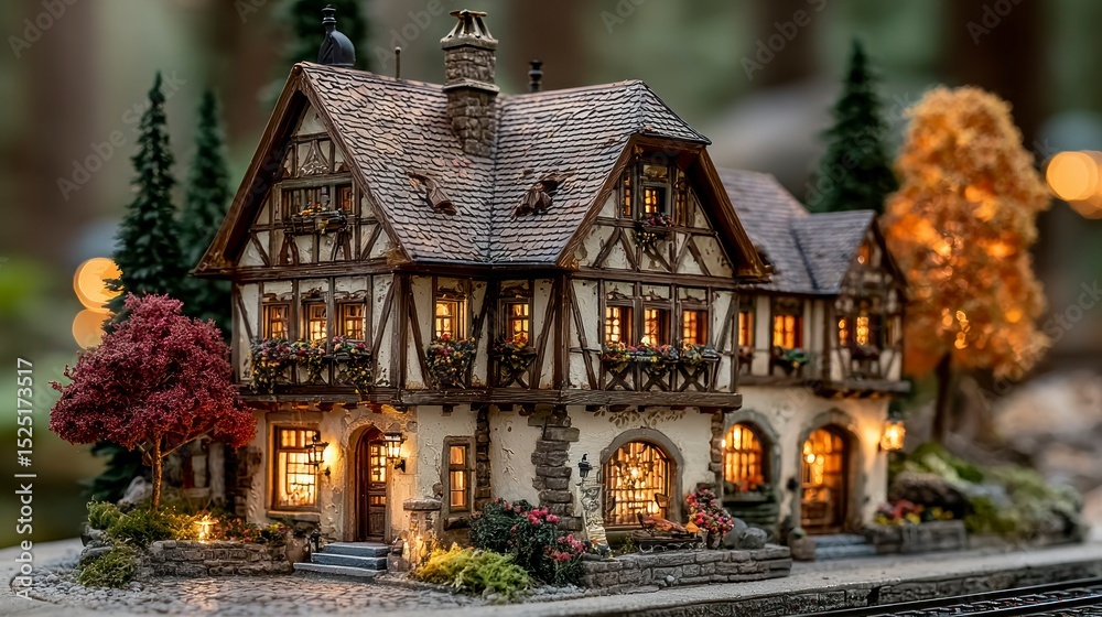 Fototapeta premium Charming Miniature House with Cozy Lights and Autumn Trees