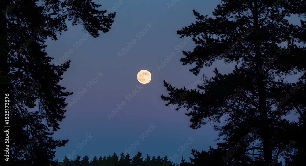 Fototapeta premium Full Moon Night Sky Silhouette of Pine Trees