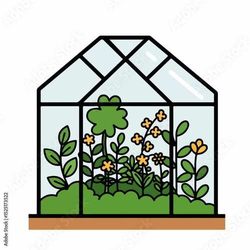 Greenhouse with various plants and flowers. Small greenhouse filled with lush greenery, including clover, small flowers, and various green plants.